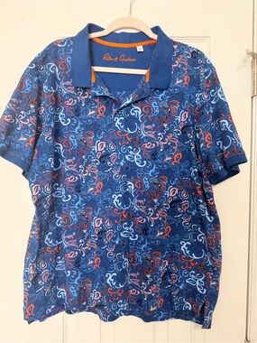Robert Graham Blue Polo with Orange & Light Blue Swirl Print
